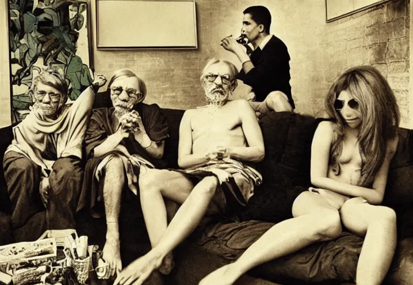 Image similar to smoke session for the ages: Gandhi , Obama, Jesus, And Lady GaGa smoking a fat blunt on a sofa by Andy Warhol, photograph