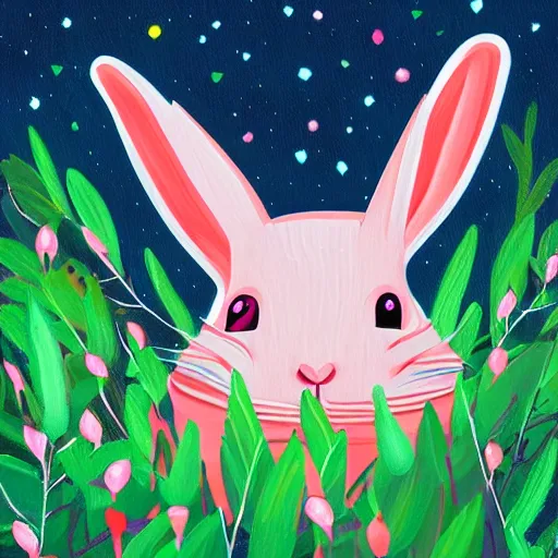 Image similar to a painting of a rabbit in the shrubs at night with a pink neon heart above it, a digital painting by Melissa Benson, behance contest winner, art on instagram, digital painting, retrowave