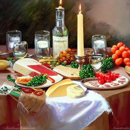 Prompt: a table full of traditional Swedish food, candles, cheese, schnapps, painting by Vladimir Volegov