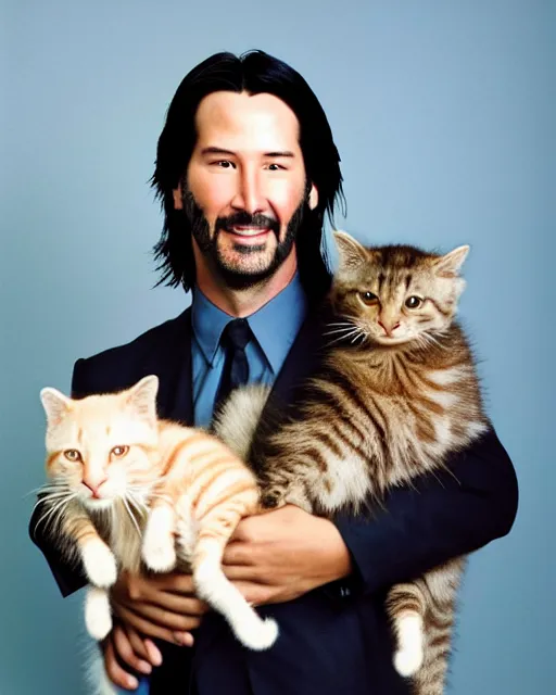 Image similar to “ head and shoulders glamour portrait of keanu reeves smiling at the camera and cradling a half dozen kittens in his arms, pastel colored background, high quality photo, photography, dreamy ”