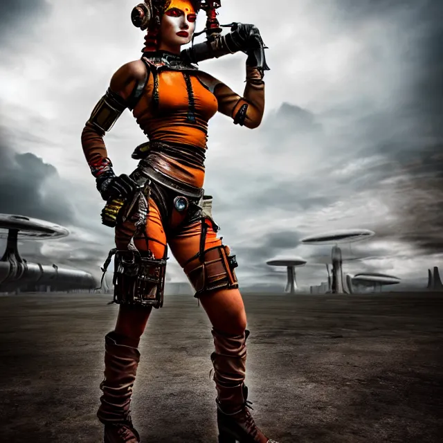 Image similar to full length photo of a very beautiful female atompunk warrior, 8 k, hdr, smooth, sharp focus, high resolution, award - winning photo