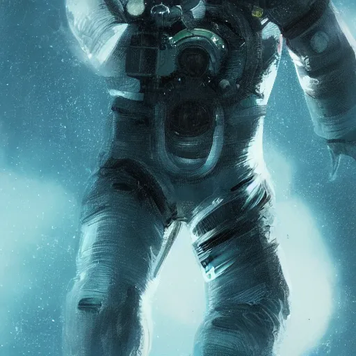 Image similar to concept art by david cronenberg in the dark underwater diver astronaut underwater futuristic dark and empty spaceship. complex technical suit design. reflection material. rays and dispersion of light breaking through the deep water. trend artstation, 3 5 mm, f / 3 2