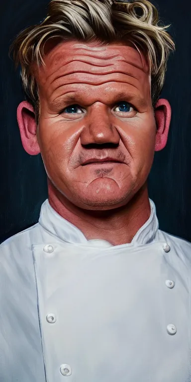 Prompt: A centered medium shot portrait of Gordon Ramsay wearing a chef uniform, oil on canvas, classicism style