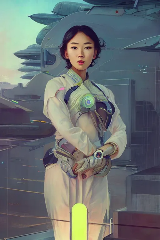 Image similar to portrait futuristic asian airforce girl, looking at the camera, in future airport rooftop , sci-fi, fantasy, intricate, very very beautiful, elegant, human anatomy, neon light, highly detailed, digital painting, artstation, concept art, smooth, sharp focus, illustration, art by tian zi and WLOP and alphonse mucha