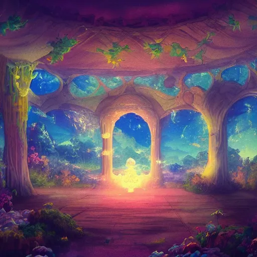 Image similar to a heavenly dream view from the interior of my cozy dream world filled with color from a Makoto Shinkai oil on canvas inspired pixiv dreamy scenery art majestic fantasy scenery fantasy pixiv scenery art inspired by magical fantasy exterior illumination of awe and wonderful magical lantern world