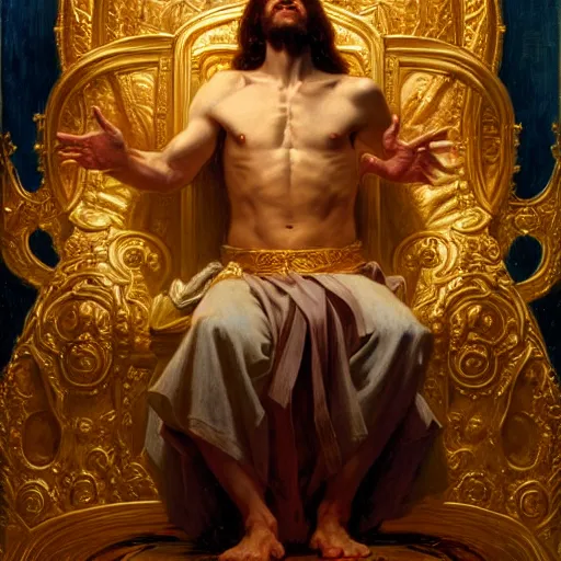 Image similar to full body portrait of blinfolded!!!! jesus christ sitting on a throne of entwined bodies, elegant, highly detailed painting by gaston bussiere, craig mullins, j. c. leyendecker, 8 k, mid shot