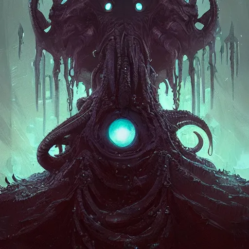 Prompt: cthulhu of your nightmares, towering over you with glowing eyes, water dripping, highly detailed concept art painting, digital art, trending on arstation, by greg rutkowski and ismail inceoglu