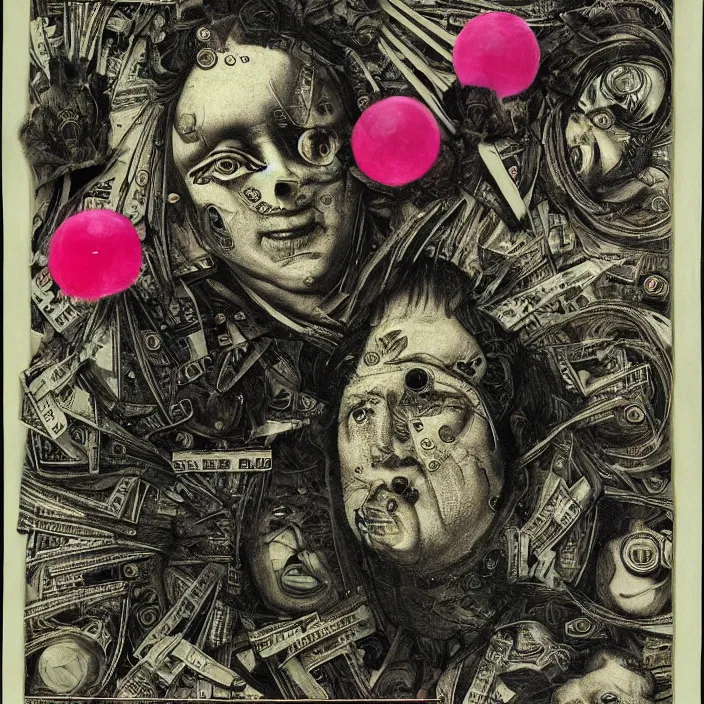 Image similar to post - punk new age album cover, asymmetrical design, dollar bank notes, capitalism, magic, apocalypse, psychedelic, black white pink, highly detailed, magic, giger h. r., giuseppe arcimboldo