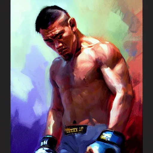 Image similar to greg manchess portrait of a filipino mma fighter looking shocked as he drops his sword, profile picture, organic painting, sunny day, matte painting, bold shapes, hard edges, street art, trending on artstation, by huang guangjian, gil elvgren, ruan jia, randy vargas, greg rutkowski