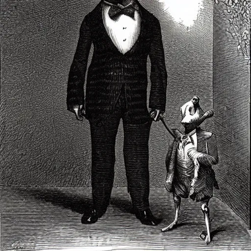 Prompt: a gentleman pig in a tuxedo, creepy, chiaroscuro, illustration by Gustave Doré,