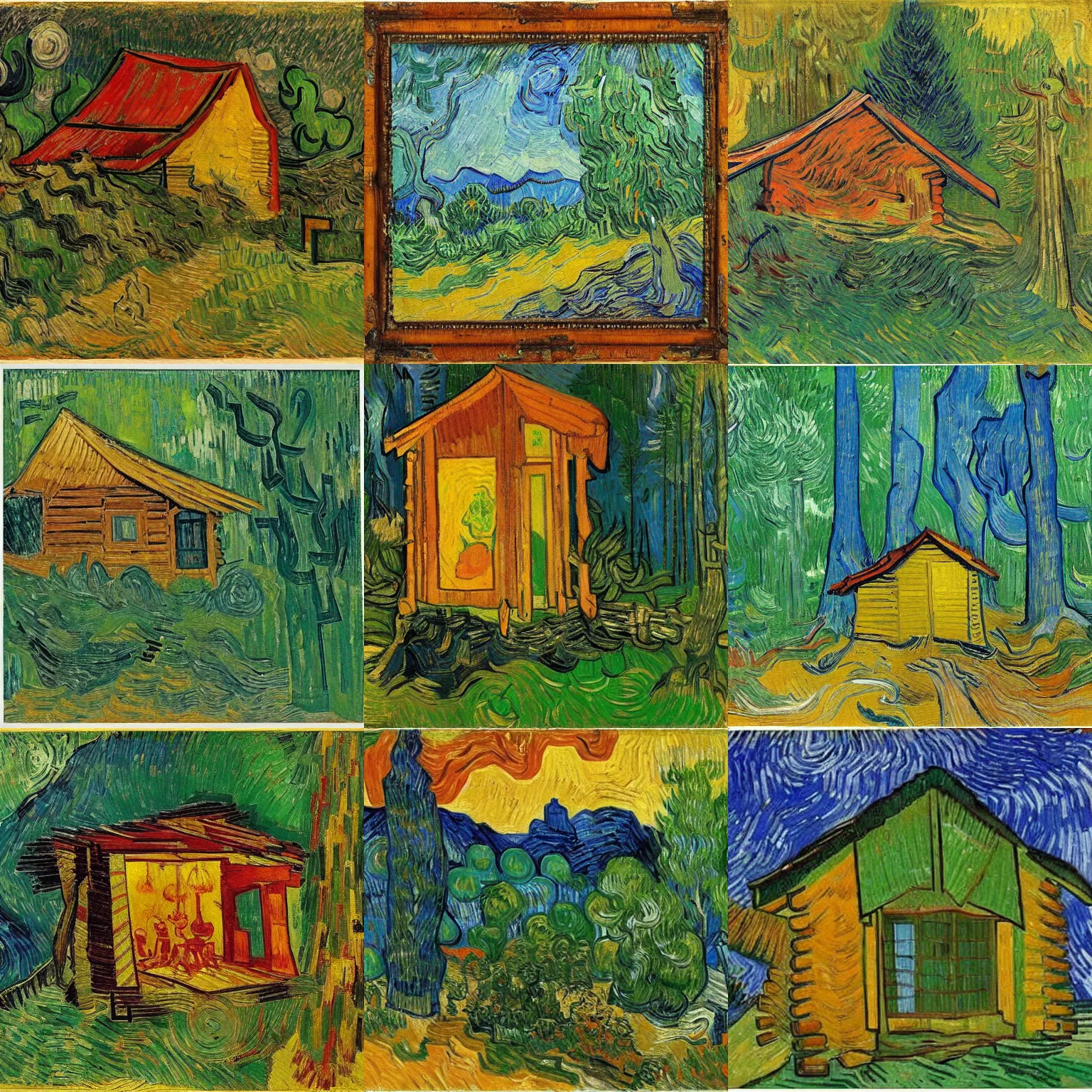 Prompt: [ a log cabin in the forest ] [ van gogh ] [ affandi ]