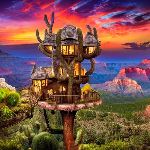 Image similar to fancy treehouse mansion built in a giant cactus on top of plateau with amazing view of sunset over the grand canyon detailed luminescent magical realism painting 4 k