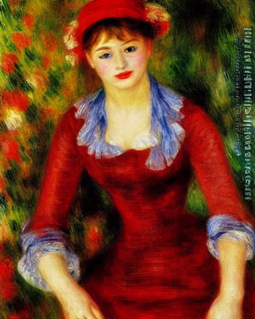 Image similar to a pierre - auguste renoir portrait painting of a woman wearing a red dress dancing in the pouring rain