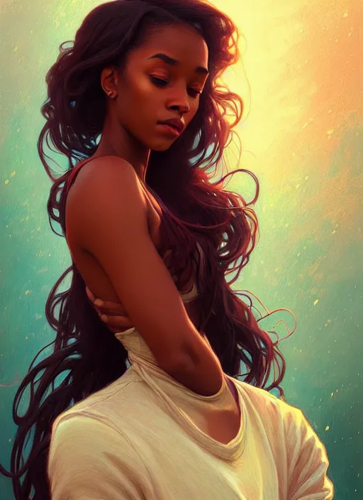 Image similar to beautiful young black women with shoulder length brown hair, half body shot, path traced, highly detailed, high quality, digital painting, alena aenami, lilia alvarado, shinji aramaki, karol bak, alphonse mucha, tom bagshaw