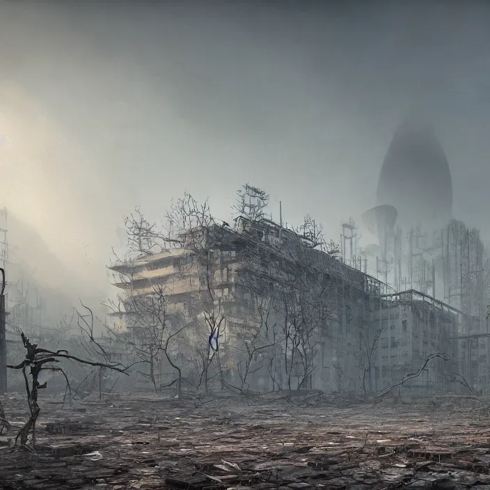 Image similar to a beautiful painting of pripyat by greg rutkowski and zdzisław beksinski and rene magritte, in style of digital art. hyper detailed, sharp focus, soft light. unreal engine 5. ray tracing. trending on artstation