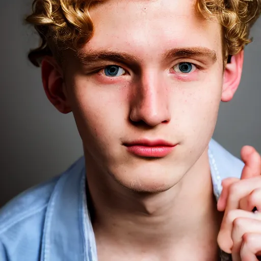 Image similar to close up of 1 8 year old man with wavy / curly light blonde hair, blue eyes, pale complexion, wearing 1 9 5 0 s clothing, 8 5 mm f / 1. 4