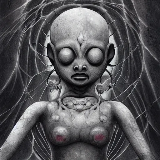 Image similar to naraka buddhist demon korean female, appy female alien, tubular creature, blood vesels, no face, dystopian surrealism, alex ries zdzisław beksinski, symmetrical long head, smooth marble surfaces, smooth marble surfaces, detailed ink illustration, detailed ink illustration, raiden metal gear, cinematic smooth stone, deep aesthetic, concept art, intricate