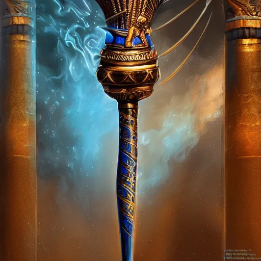 Prompt: fantasy greg rutkowski digital painting of an ornate and royal egyptian old twisted ornate runed wooden staff weapon with a blue crystal on top tip hovering, unreal engine, hyper realism, realistic shading, cinematic composition, blender render, octane render, hdr, detailed textures, photorealistic, 3 5 mm film