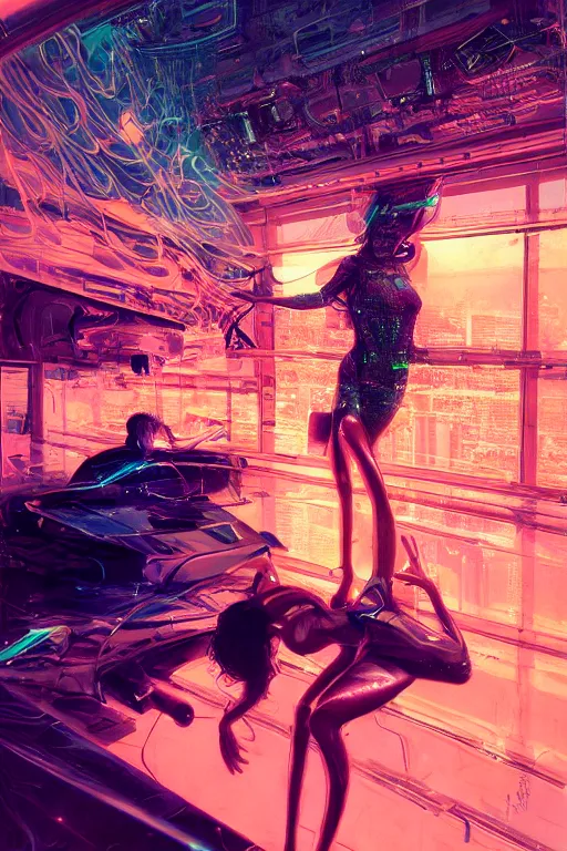 Prompt: the most amazing dream you ever had about beautiful woman transhumanism artificial intelligence singularity, hyper realistic, concept art, intricate, hyper detailed, smooth, syd mead, jim lee, high contrast, neon, volumetric lighting, octane, raytrace, moebius, snowcrash