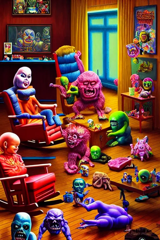 Image similar to a hyperrealistic painting of a room full of evil possessed toys watching a grandma in a rocking chair, cinematic horror by chris cunningham, lisa frank, richard corben, highly detailed, vivid color,