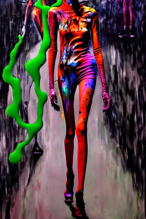 Image similar to crazy fashion catwalk, one model, crazy clothes, biopunk style, horror, clothes look like slime, hauntingly surreal, highly detailed painting by francis bacon, edward hopper, adrian ghenie, gerhard richter, and james jean soft light 4 k,