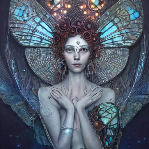 Prompt: realistic illustration of a beautiful rusted mechanical faerie queen with glowing eyes, moth wings with geometric patterns, reflective detailed textures, highly detailed dark fantasy science fiction painting by tom bagshaw and diego rivera and jean delville, silver and cool colors, artstation