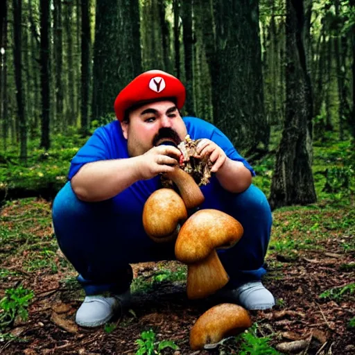 Image similar to fat italian man dressed as mario eating wild mushrooms off the forest floor