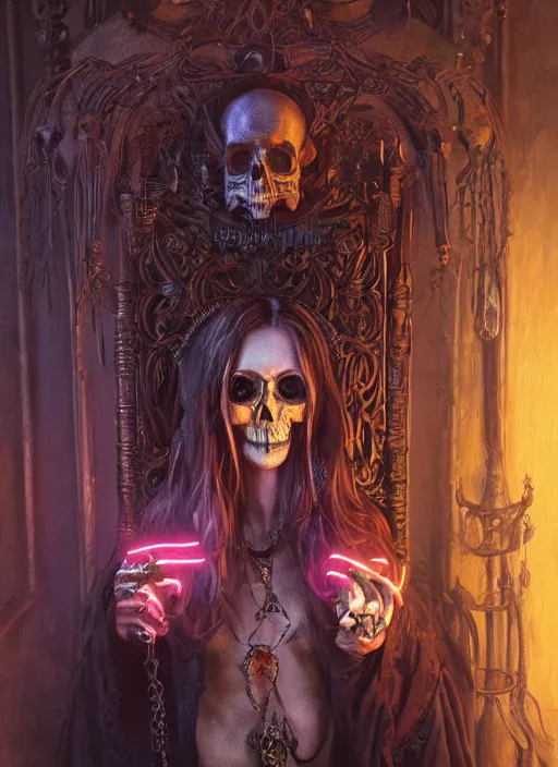 Image similar to inside covens den, diffuse lighting, creepy neon skull hyper ornate wiccan masks, hdrp render, intricate wiccan facial detailing, highly detailed, lifelike, photorealistic, digital painting, artstation, unreal 5, smooth, sharp focus, art by john collier, albert aublet, krenz cushart