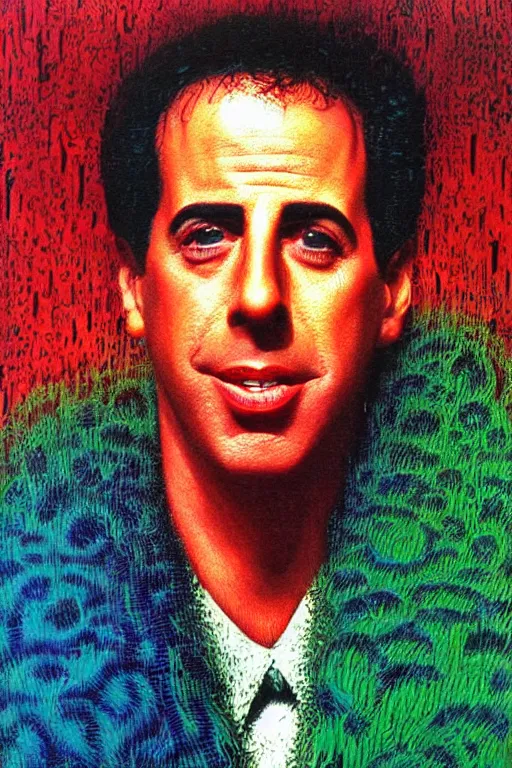 Prompt: 8 0 s art deco close up portait of jerry seinfeld, rain like a dream oil painting curvalinear clothing cinematic dramatic cyberpunk textural fluid lines otherworldly vaporwave interesting details fantasy lut epic composition by basquiat zdzisław beksinski james jean artgerm rutkowski moebius francis bacon gustav klimt