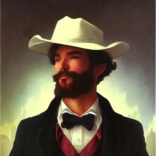 Image similar to a vintage portrait painting of a fantasy gentleman gunslinger, art by tristan eaton and artgerm and william - adolphe bouguereau