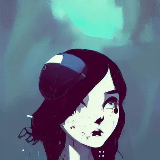 Prompt: Highly detailed portrait of a moody sullen punk zombie young lady with freckles by Atey Ghailan, by Loish, by Bryan Lee O'Malley, by Cliff Chiang, by Goro Fujita, by Greg Tocchini, inspired by ((image comics)), inspired by nier:automata, inspired by graphic novel cover art !!!cyan, brown, black, yellow and white color scheme ((grafitti tag brick wall background))