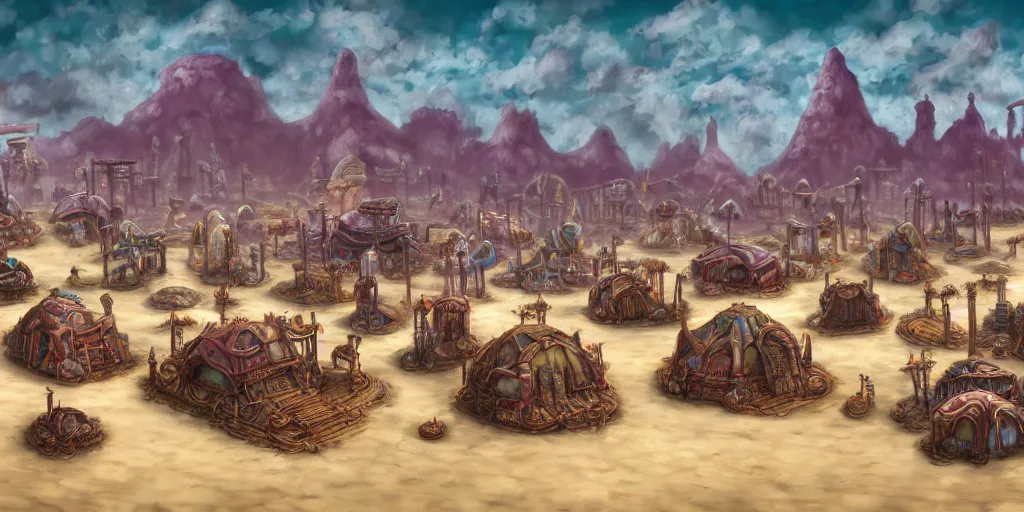 Image similar to colored merchant tents at a sprawling temple city of rusty chrome, white salt desert dunes, matte oil painting, mushroom farms, fungal polyps, retrofuturistic, science fantasy, mutant, lgbt, queer, rpg, epic, badlands, slime, dungeons & dragons, sacred, sharp focus, award - winning, extremely detailed, 4 k, 8 k