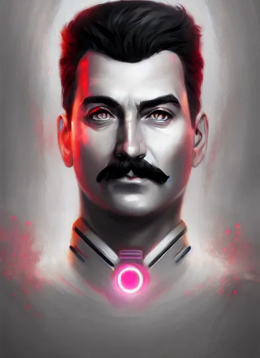 Image similar to « a portrait o cyberpunk joseph stalin, glowing eyes, a digital painting by charlie bowater, featured on cgsociety, fantasy art, behance hd, wiccan, artstation hd »