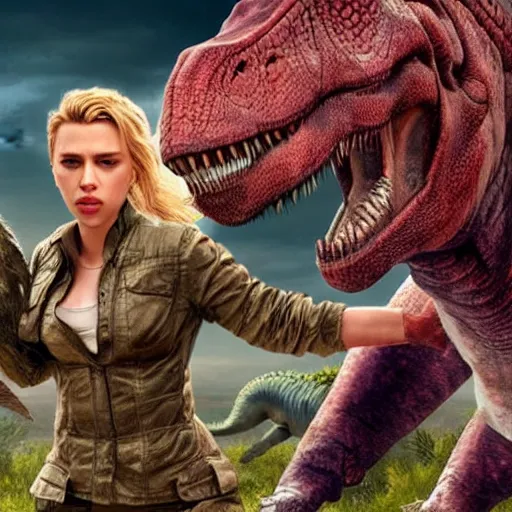 Prompt: scarlett johansson fighting a dinosaur, video game cover, high quality