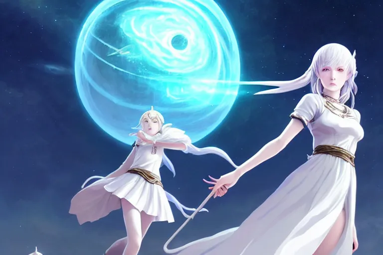 Image similar to white dressed summoner girl fighting against outer gods with their creatures. floating planets on the background, box office hit, fantasy and cosmic horror movie, unreal engine, intricate, highly detailed 8 k, ambient occlusion, extremely beautiful and aesthetic shape of face and body, art by hiroaki samura and ilya kuvshinov and rossdraws