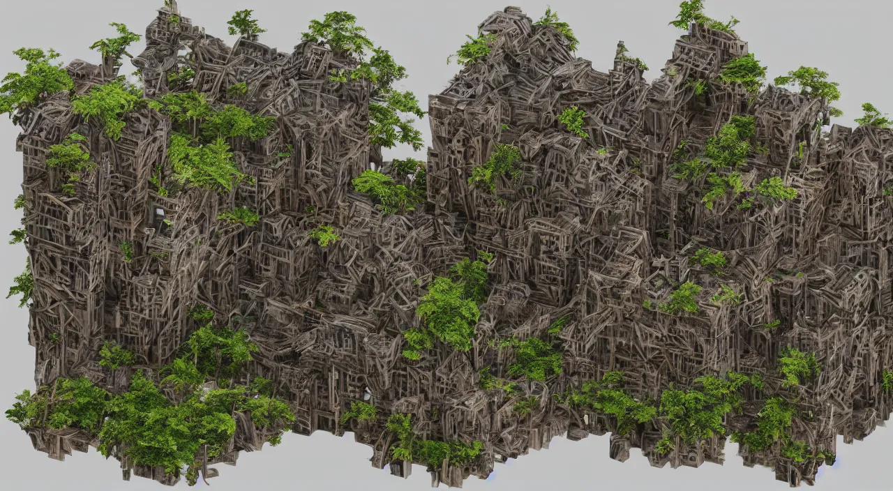 Prompt: wood fortress greeble block amazon jungle accadamy of tower cristal global illumination ray tracing