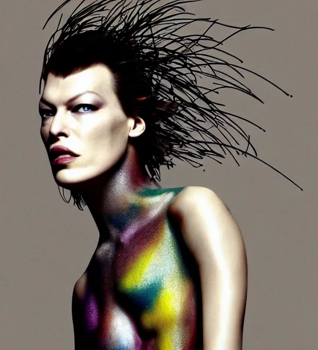 Image similar to photography facial portrait of milla jovovich,, wearing organic futurist clothed designed by iris van herpen, with a subtle colorfull - makeup. sky forest background, natural pose, highly detailed, skin grain detail, photography by paolo roversi, nick knight, helmut newton, avedon, araki