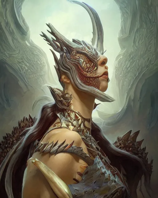 Image similar to Portrait of a draconic humanoid, HD, illustration, epic, D&D, fantasy, intricate, elegant, highly detailed, digital painting, artstation, concept art, smooth, sharp focus, illustration, art by artgerm and greg rutkowski and alphonse mucha, monster hunter illustrations art book