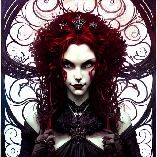 Image similar to a dark gothic version of Princess Merida, face, fantasy, intricate, elegant, highly detailed, digital painting, artstation, concept art, smooth, sharp focus, illustration, art by Gerald Brom and Tim Burton and Artem Demura and alphonse mucha