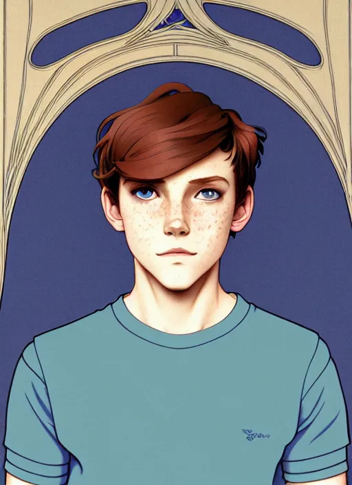 Image similar to art nouveau portrait of a teen boy with completely straight auburn hair, light blue eyes, pale skin, freckles, sad expression, t - shirt, modern casual clothing, natural lighting, path traced, highly detailed, high quality, cartoon, digital painting, by don bluth and ross tran and studio ghibli and alphonse mucha