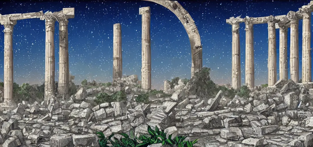 Image similar to The ruins of the Silver Millennium on the moon from Sailor Moon, digital painting, Earth in the distance, Greek-esque columns and ruins