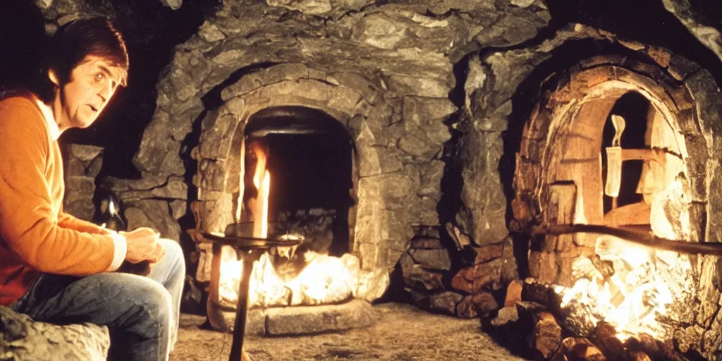 Image similar to A full color still of 30-year-old Paul McCartney, dressed as a hobbit inside his cozy house at night with light from a fireplace, directed by Stanley Kubrick, 35mm, 1970