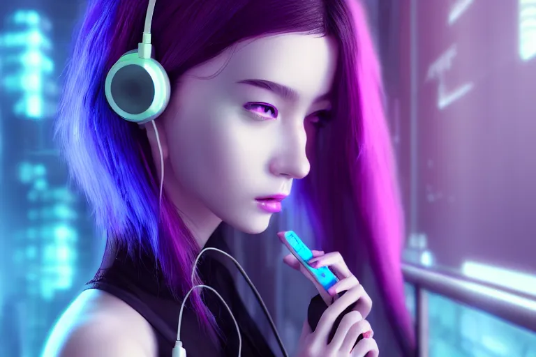 Prompt: a girl with headphones is looking at her cell phone, cyberpunk art by Yuumei, cg society contest winner, rayonism, daz3d, vaporwave, deviantart hd