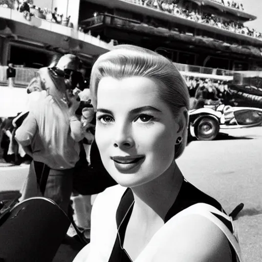 Image similar to selfie smartphone photo of a young Grace Kelly at the Monaco Gran Prix, F1 cars blurred in background, iphone photo, smartphone resolution, trending on instagram, influencer photography