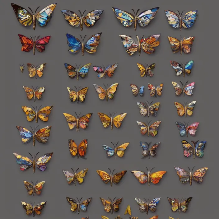 Prompt: a butterfly brooch collection, concept art by gleb april, artstation,