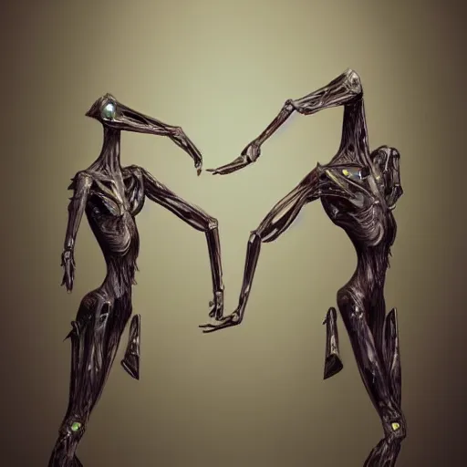 Image similar to Two elegant humanoid creatures, stuck back to back, fused at the shoulders dancing on their pointy limbs. Award-winning digital art, trending on ArtStation