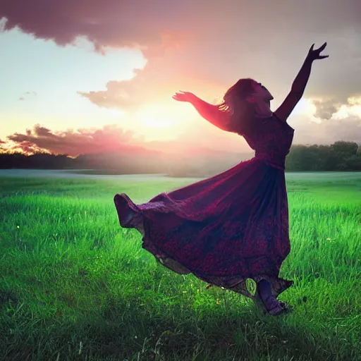 Image similar to absolutely stunning beautiful virgin dancing in summer field in dramatic lighting then dramatic shadows, dramatic details, dramatic zoom, dramatic lenses, dramatic f/x, dramatic everything, trendind everywhere, dramatic award winning dramatic digital art