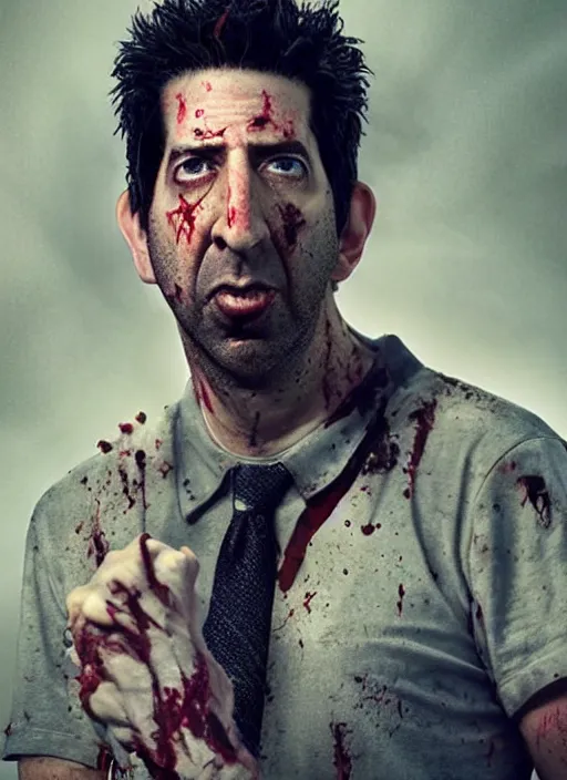 Image similar to david schwimmer becomes an angry zombie, face enhance, realistic, shaun of the dead, izombie, ultra detailed, octane render, lovecraftian, horror, dead space, the walking dead