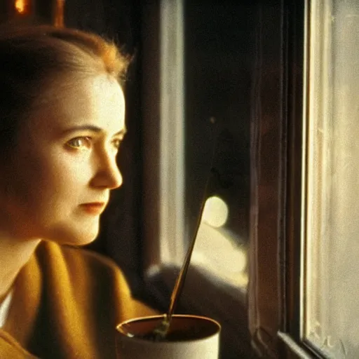 Prompt: 4 k remaster extremely detailed cinematic movie still from soviet movie a soviet woman sitting at a table next to the window with food, dark warm light, a character portrait by margarita terekhova, movie stalker solaris film still by andrei tarkovsky, 8 k, close - up bokeh, gelios lens, color, noir