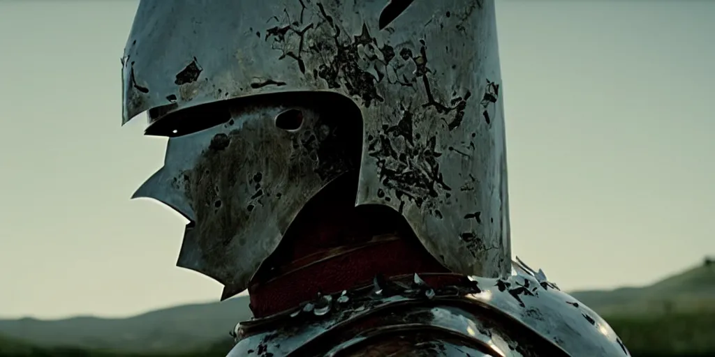 Image similar to film still of closeup the knight in shattered armor holds a bleeding heart by emmanuel lubezki